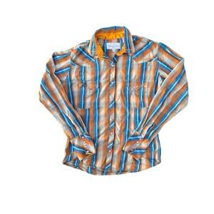 Panhandle Slim Western Shirt Womens Small Blue Orange Plaid Pearl Snap
